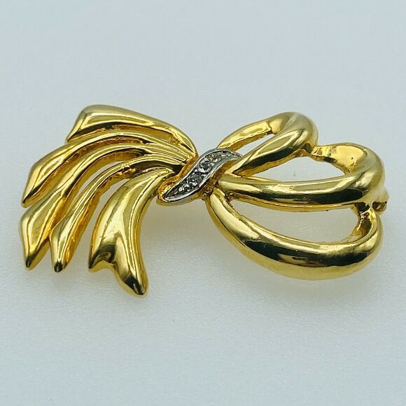Swarovski Gold Tone Bow Brooch Pin Clear Crystal Rhinestones 2" - Picture 5 of 9